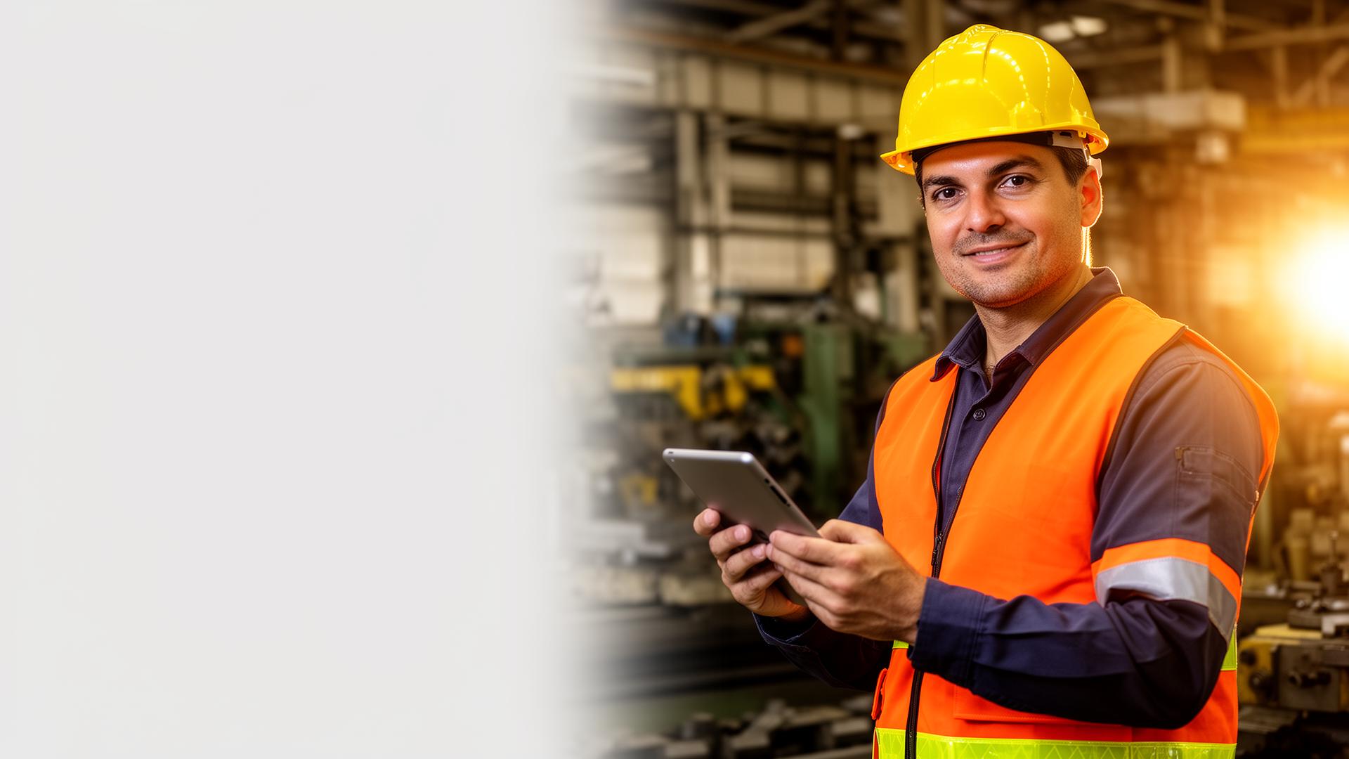Trabalhador com capacete amarelo usando tablet em ambiente industrial