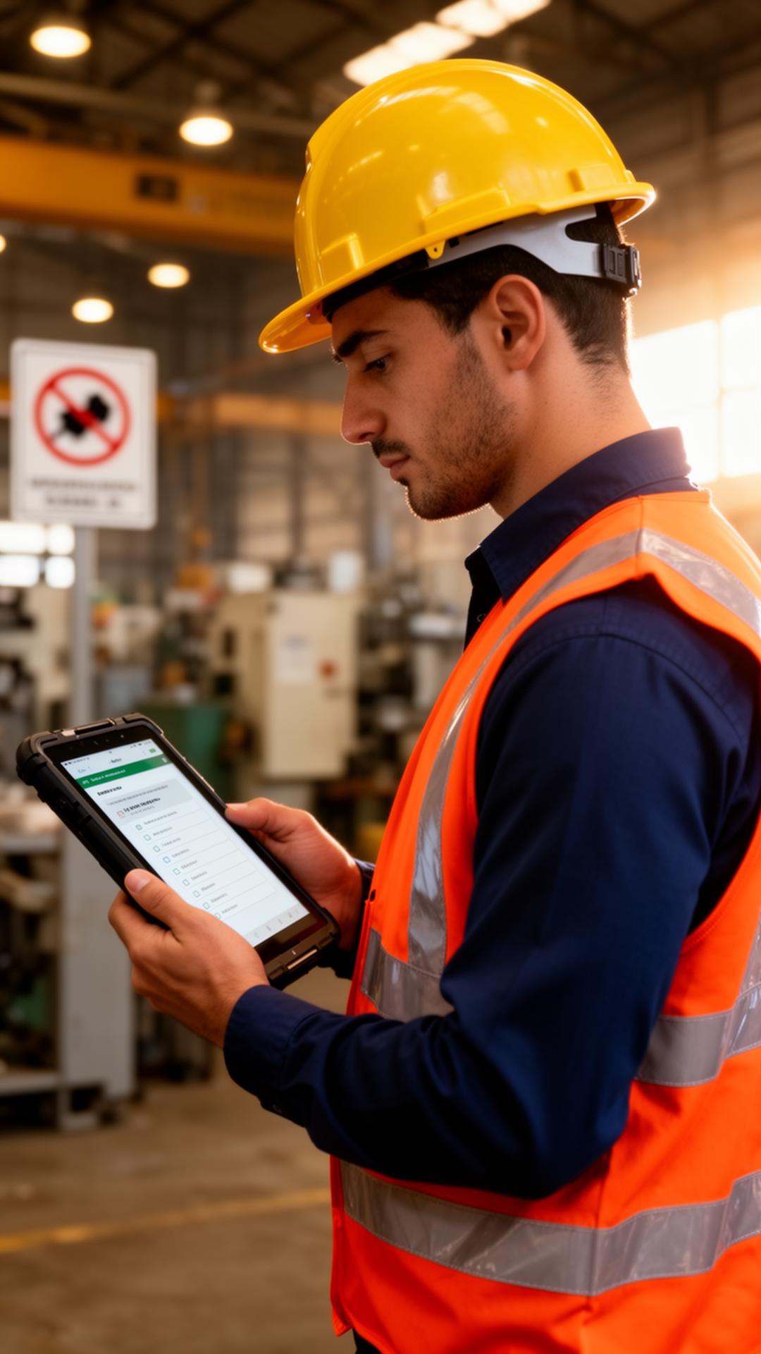 Técnico de segurança do trabalho usando TSPlan em fábrica industrial