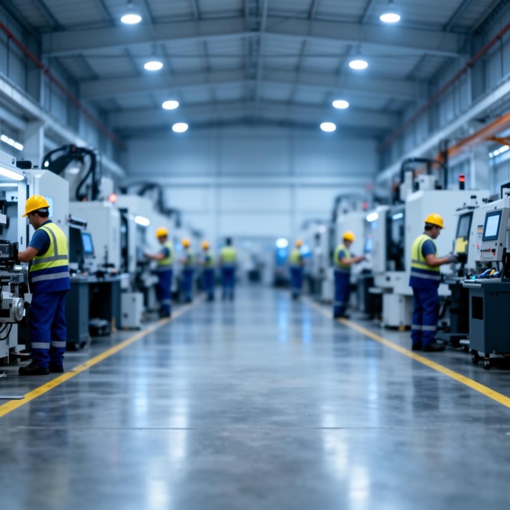 Chão de fábrica moderno com técnicos de segurança